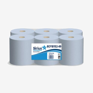 Sirius 2-Ply Centrefeed Rolls 166mmx150M Blue Pack of 6 BCF18152-49 STR03283