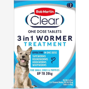 Bob Martin Clear 3-in-1 Wormer for Dogs (2 Tablets) - For Small Dogs and Puppies NWT8130