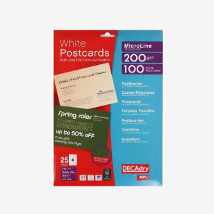 DECAdry Postcards 148.5x105mm 4 Per Sheet 200gsm Micro Perforated White (Pack 100) - OCB3325 74491PL