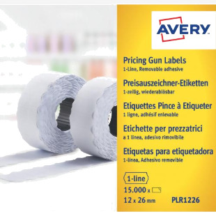 Avery Labels for Labelling Gun 1-Line Removable White 12x26mm 1500 per Roll (Pack 10) - PLR1226 51036AV