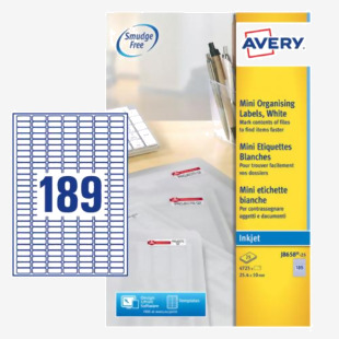 Avery Inkjet Mini Label 25x10mm 189 Per A4 Sheet White (Pack 4725 Labels) J8658-25 43796AV