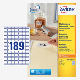 Avery Multipurpose Mini Removable Label 25.4x10mm 189 Per A4 Sheet White (Pack 4725 Labels) L4731REV-25 43845AV