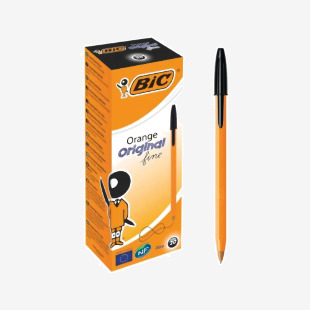 In the photo, there are several Bic Ballpoint Pens scattered across a flat surface. Each pen has an orange barrel and a fine black tip. The bright orange color stands out against the plain background. The pens are neatly lined up, showing off their uniform shape and size. The black ink can be seen inside each pen, ready to be used for writing. The pack contains 20 pens, making it a practical and convenient choice.