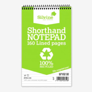 Silvine Recycled 125x200mm Wirebound Card Cover Reporters Shorthand Notebook Ruled 160 Pages Green (Pack 12) - RE160 21568SC