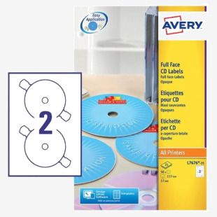 Avery Full Face CDDVD Matt Label 117mm Diameter 2 Per A4 Sheet White (Pack 50 Labels) L7676-25 44545AV