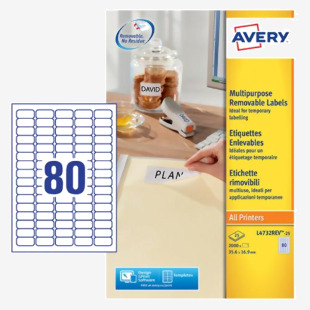 Avery Multipurpose Mini Removable Label 35.6x16.9mm 80 Per A4 Sheet White (Pack 2000 Labels) L4732REV-25 43852AV