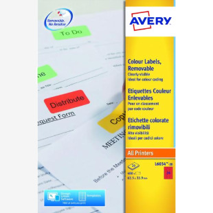 Avery Coloured Label 63.5x34mm 24 Per A4 Sheet Red (Pack 480 Labels) L6034-20 43957AV