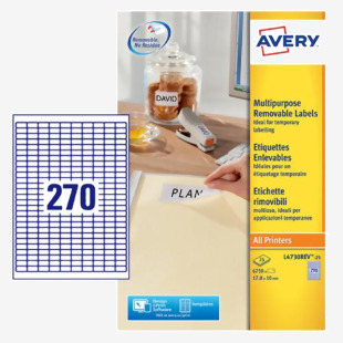 Avery Multipurpose Mini Removable Label 17.8x10mm 270 Per A4 Sheet White (Pack 6750 Labels) L4730REV-25 43838AV