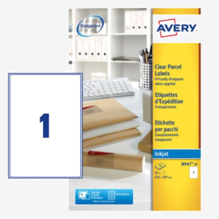 Avery Inkjet Address Label 210x297mm 1 Per A4 Sheet Clear (Pack 25 Labels) J8567-25 43768AV