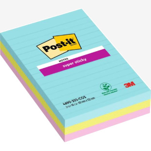 Post-It Super Sticky Notes 101x152mm Ruled 90 Sheets Cosmic Colours (Pack 3) 7100234251 38571MM