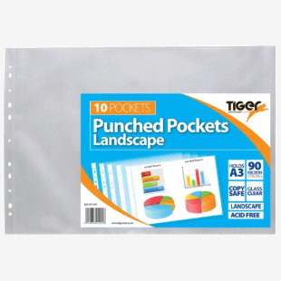 Tiger Multi Punched Pocket Polypropylene A3 90 Micron Top Opening Landscape Clear (Pack 10) - 301245 42764TG