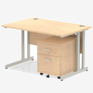 Impulse Cantilever Straight Office Desk W1200 x D800 x H730mm Maple Finish Silver Frame With 2 Drawer Mobile Pedestal - MI000962 23862DY