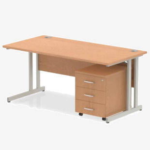 Impulse Cantilever Straight Office Desk W1200 x D800 x H730mm Beech Finish Silver Frame With 3 Drawer Mobile Pedestal - MI000970 23918DY