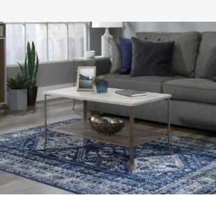 Teknik Office City Centre Coffee Table in Champagne Oak finish with spacious top and lower open shelf storage and durable satin taupe metal frame