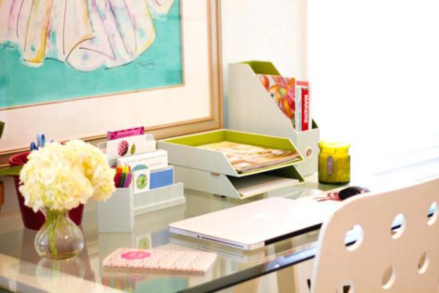 Image of Bright Office Desk with Flowers