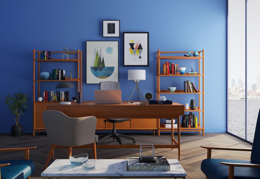 Home Office Blue Wall with Shelving Units