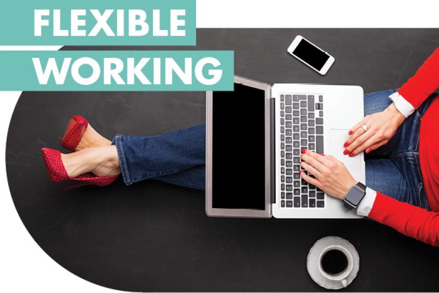 Picture of Woman on Laptop Sitting down with Flexible Working Text 