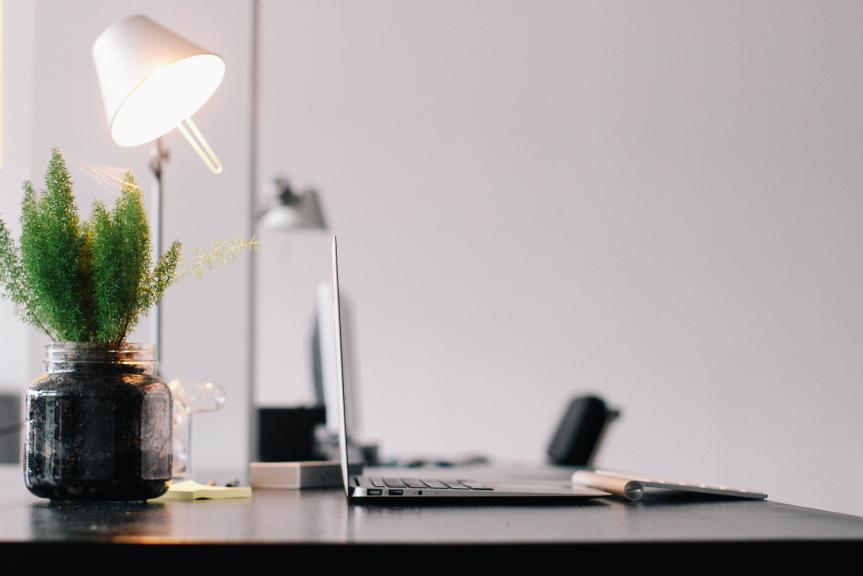 Organised Desk with Laptop, Lamp and Potted Plant 