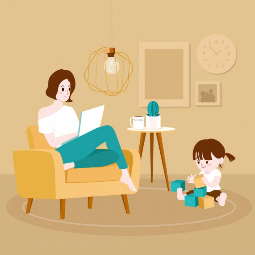 Cartoon Showing Mum and Child sitting in the Living Room